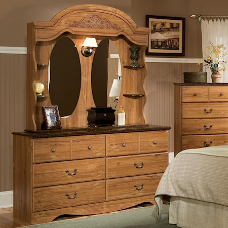 6-Drawer Dresser with Marble Top & Hutch Style Dresser Mirror with Shelves